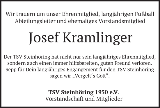 Traueranzeige von Josef Kramlinger