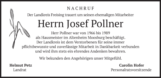 Traueranzeige von Josef Pollner von merkurtz