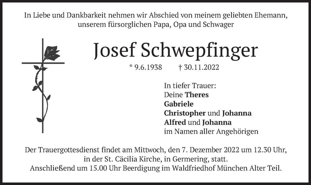  Traueranzeige für Josef Schwepfinger vom 03.12.2022 aus merkurtz