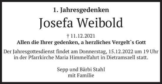 Traueranzeige von Josefa Weibold von merkurtz