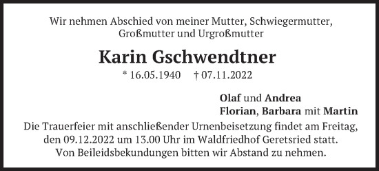 Traueranzeige von Karin Gschwendtner von merkurtz