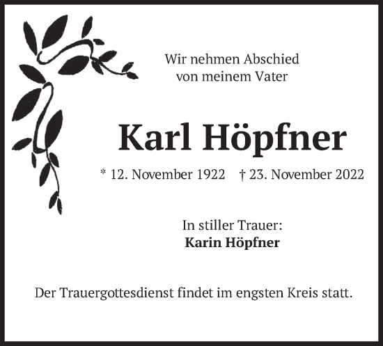 Traueranzeige von Karl Höpfner von merkurtz