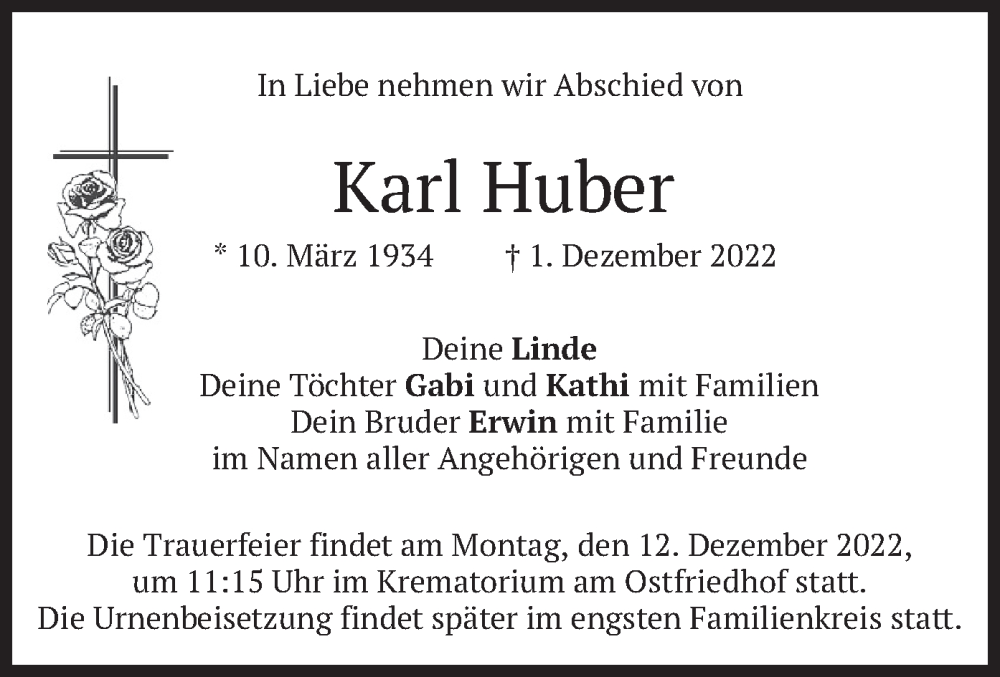  Traueranzeige für Karl Huber vom 10.12.2022 aus merkurtz