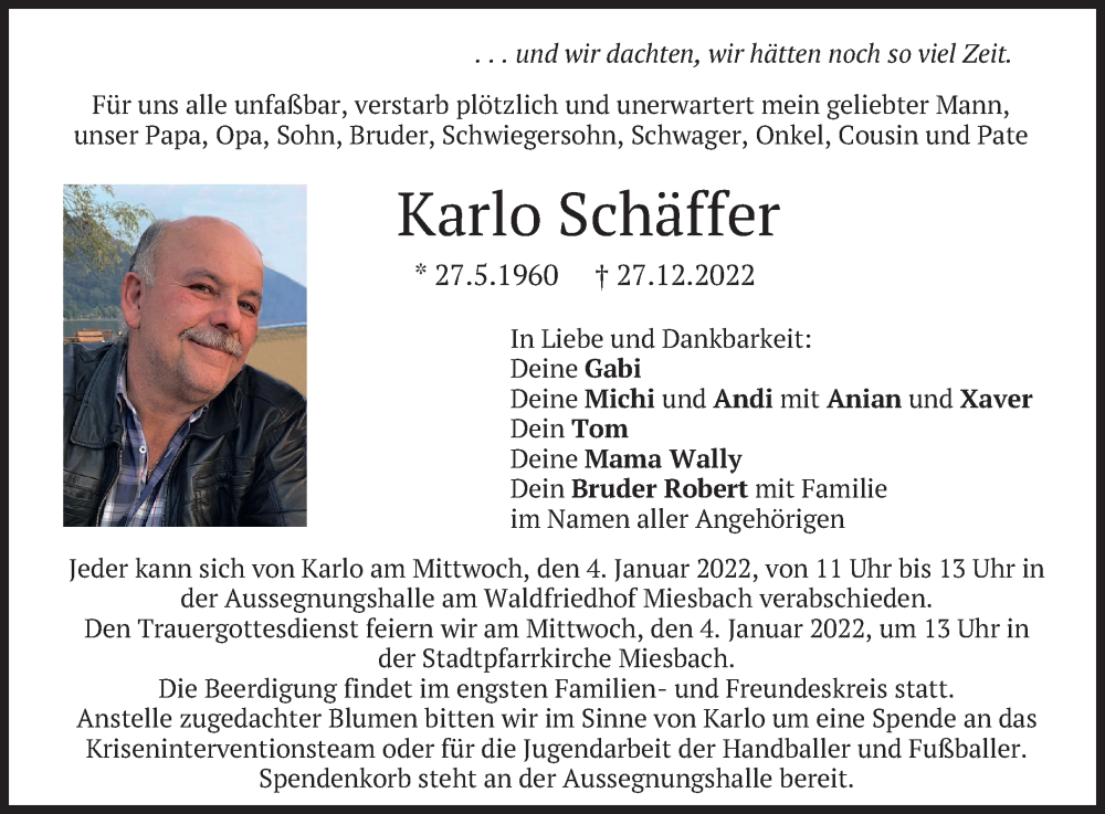  Traueranzeige für Karlo Schäffer vom 31.12.2022 aus merkurtz