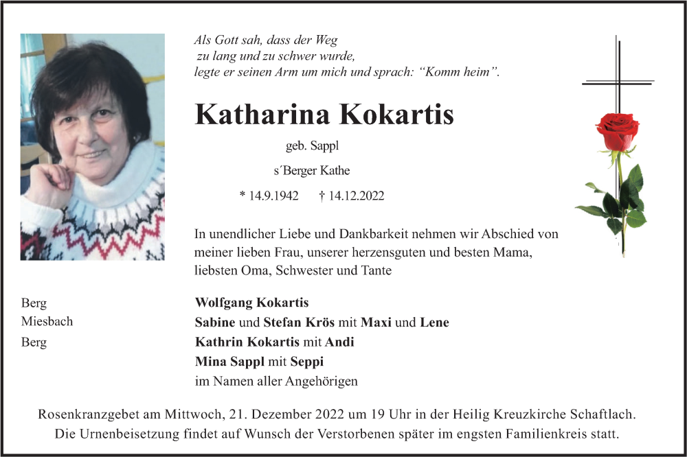  Traueranzeige für Katharina Kokartis vom 17.12.2022 aus merkurtz