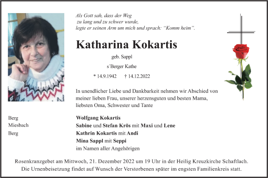 Traueranzeige von Katharina Kokartis von merkurtz