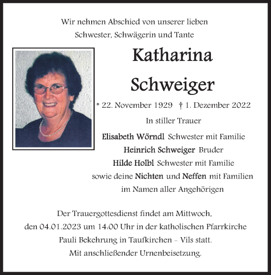 Traueranzeige von Katharina Schweiger von merkurtz