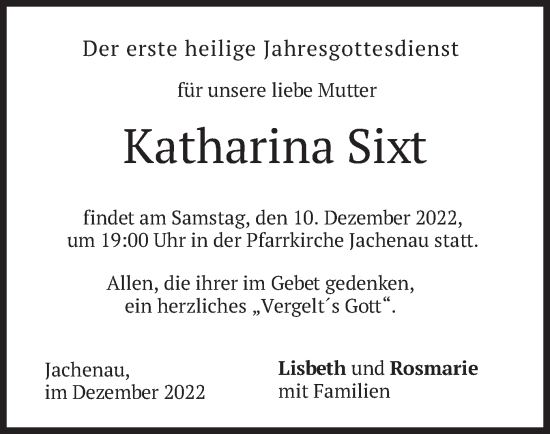 Traueranzeige von Katharina Sixt von merkurtz