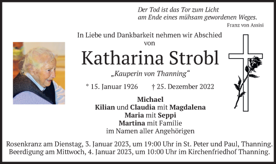 Traueranzeige von Katharina Strobl von merkurtz