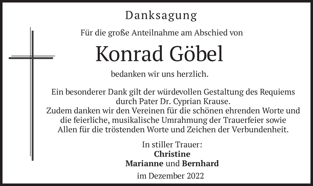  Traueranzeige für Konrad Göbel vom 16.12.2022 aus merkurtz
