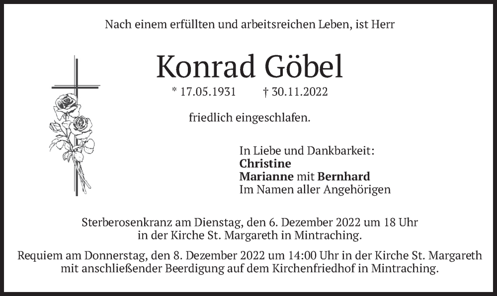  Traueranzeige für Konrad Göbel vom 05.12.2022 aus merkurtz