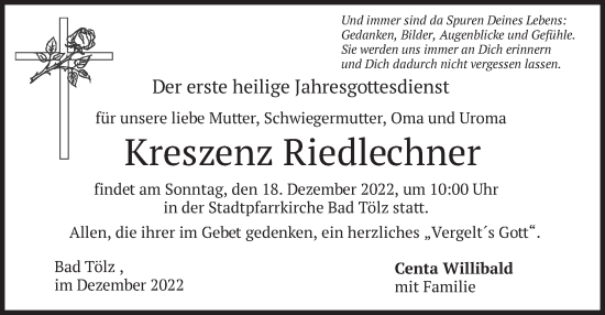 Traueranzeige von Kreszenz Riedlechner von merkurtz