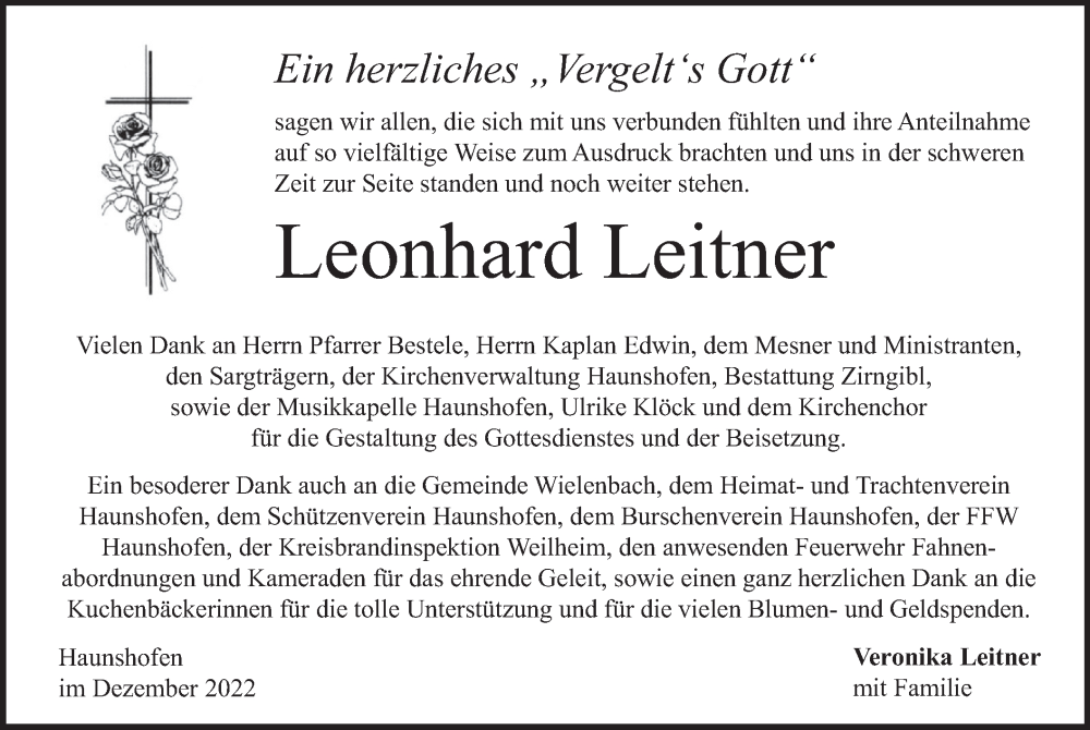  Traueranzeige für Leonhard Leitner vom 10.12.2022 aus merkurtz