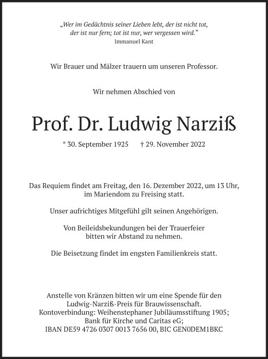 Traueranzeige von Ludwig Narziß von merkurtz