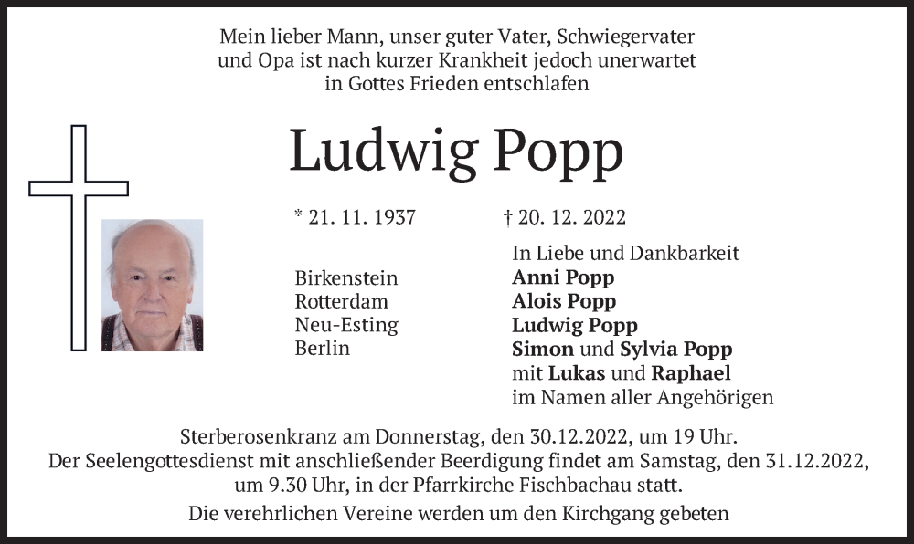  Traueranzeige für Ludwig Popp vom 27.12.2022 aus merkurtz