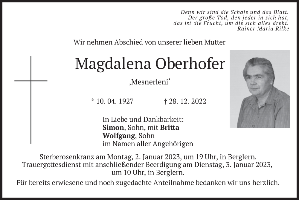  Traueranzeige für Magdalena Oberhofer vom 31.12.2022 aus merkurtz