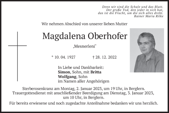 Traueranzeige von Magdalena Oberhofer von merkurtz