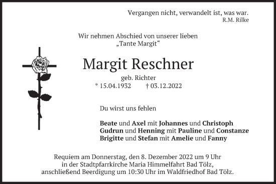 Traueranzeige von Margit Reschner von merkurtz