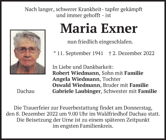 Traueranzeige von Maria Exner von merkurtz