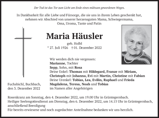 Traueranzeige von Maria Häusler von merkurtz
