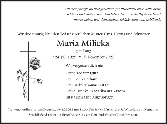 Traueranzeige von Maria Milicka von merkurtz