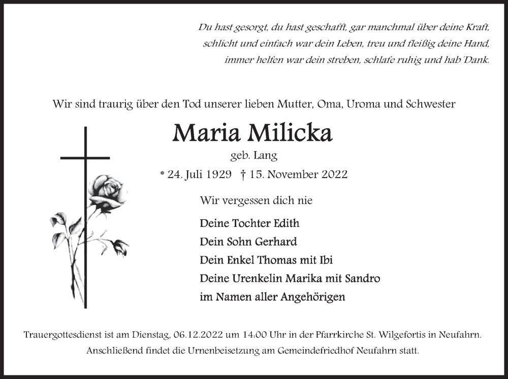  Traueranzeige für Maria Milicka vom 03.12.2022 aus merkurtz