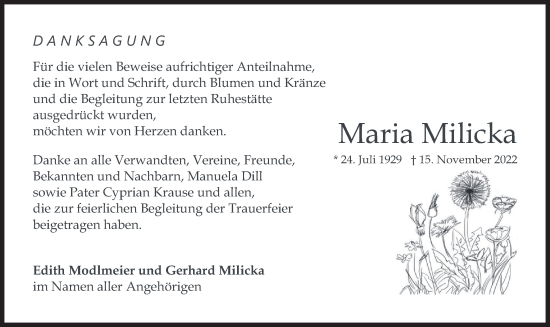 Traueranzeige von Maria Milicka von merkurtz