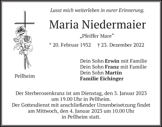Traueranzeige von Maria Niedermaier von merkurtz
