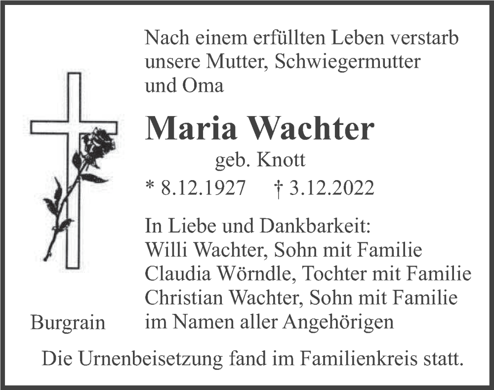 Traueranzeige für Maria Wachter vom 24.12.2022 aus merkurtz
