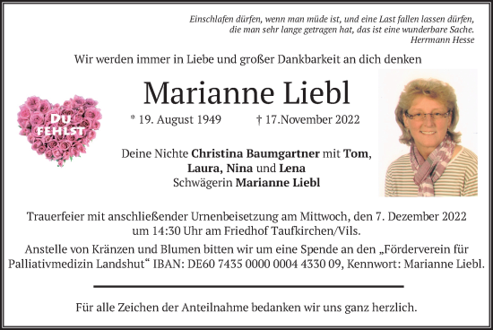 Traueranzeige von Marianne Liebl von merkurtz