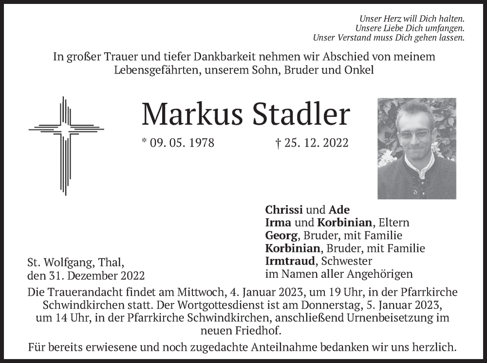  Traueranzeige für Markus Stadler vom 31.12.2022 aus merkurtz