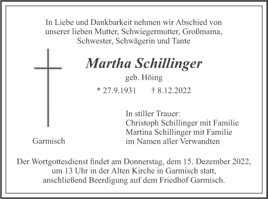 Traueranzeige von Martha Schillinger von merkurtz