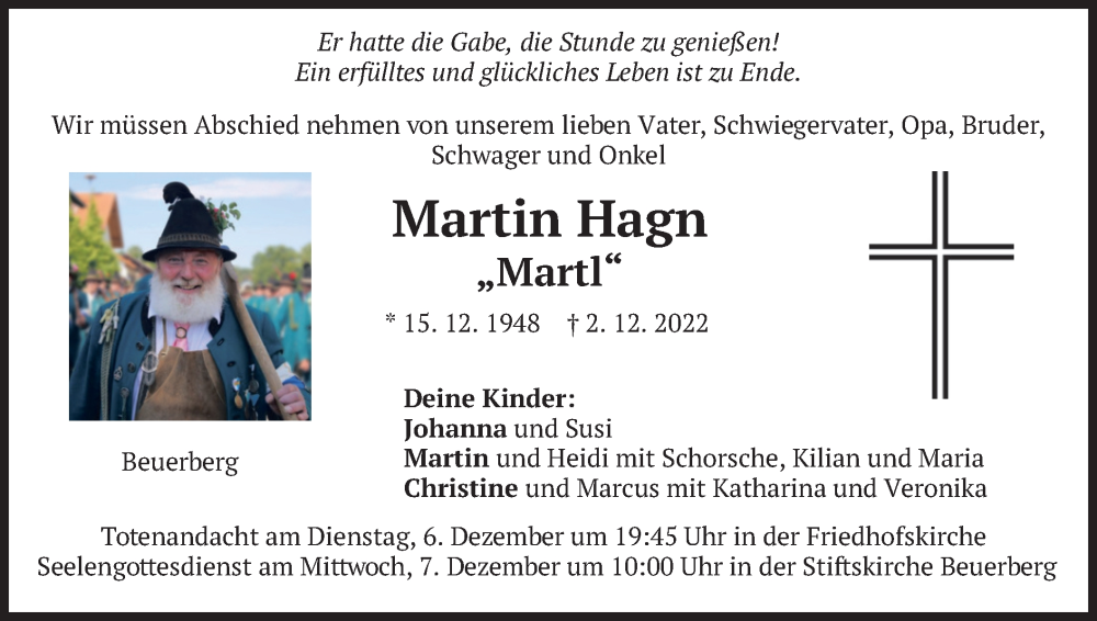  Traueranzeige für Martin Hagn vom 05.12.2022 aus merkurtz