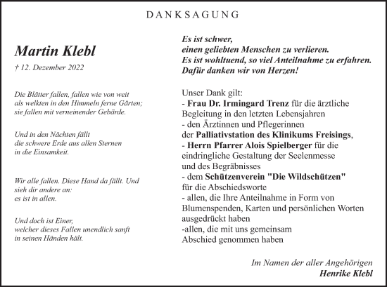 Traueranzeige von Martin Kleb von merkurtz