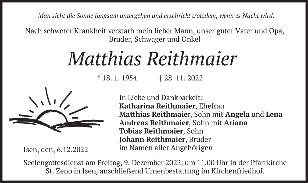  Traueranzeige für Matthias Reithmaier vom 06.12.2022 aus merkurtz