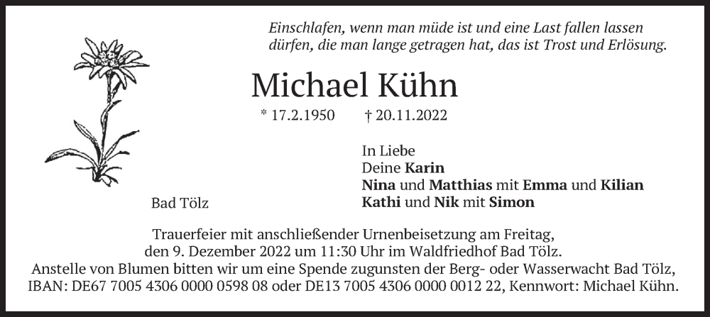  Traueranzeige für Michael Kühn vom 06.12.2022 aus merkurtz