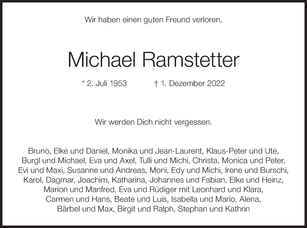  Traueranzeige für Michael Ramstetter vom 10.12.2022 aus merkurtz