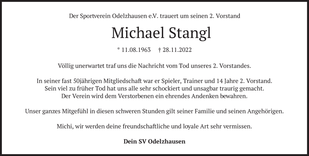  Traueranzeige für Michael Stangl vom 02.12.2022 aus merkurtz