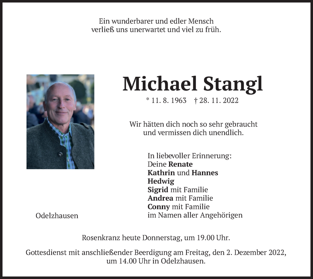  Traueranzeige für Michael Stangl vom 01.12.2022 aus merkurtz