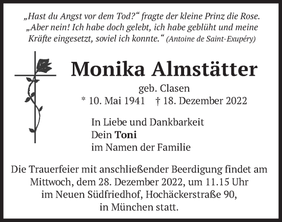 Traueranzeige von Monika Almstätter von merkurtz