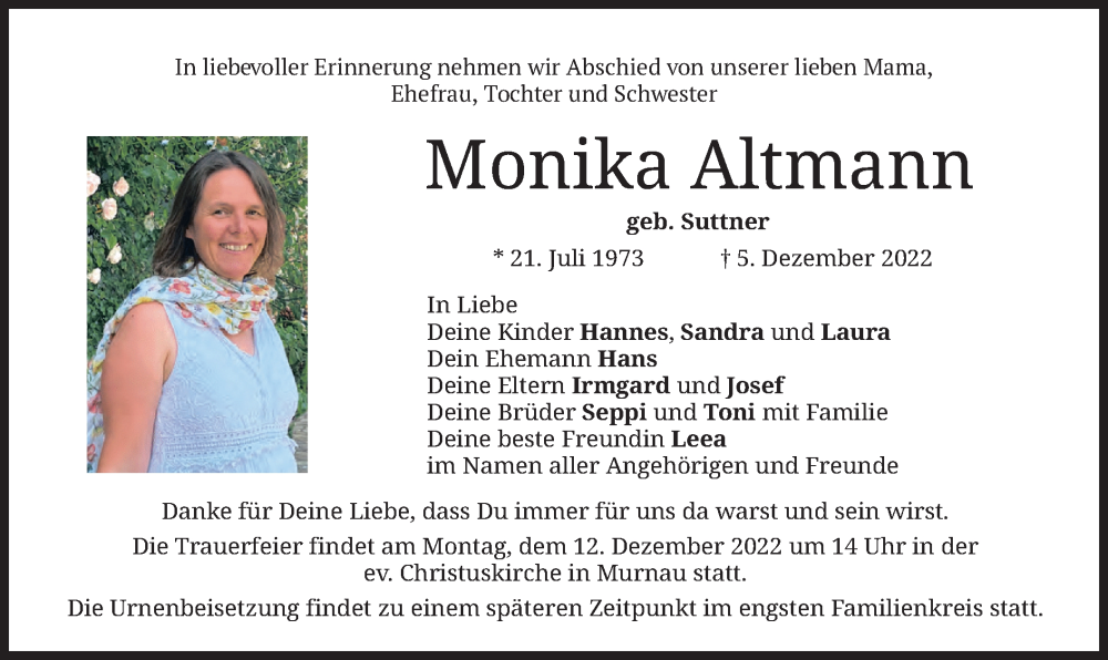  Traueranzeige für Monika Altmann vom 10.12.2022 aus merkurtz