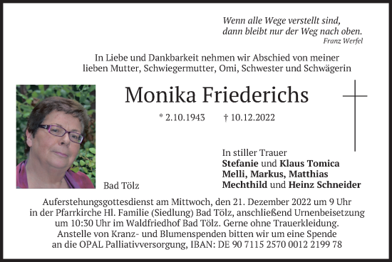 Traueranzeige von Monika Friederichs von merkurtz