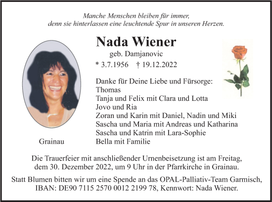Traueranzeige von Nada Wiener von merkurtz