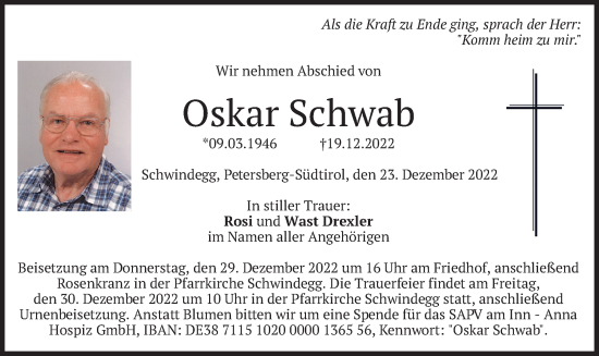 Traueranzeige von Oskar Schwab von merkurtz