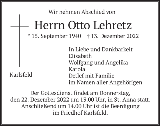 Traueranzeige von Otto Lehretz von merkurtz