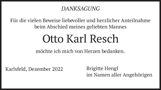 Traueranzeige von Otto Karl Resch von merkurtz