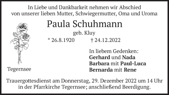 Traueranzeige von Paula Schuhmann von merkurtz