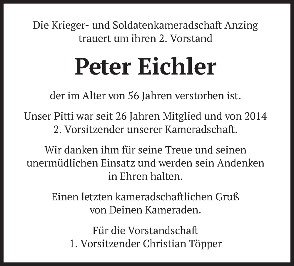  Traueranzeige für Peter Eichler vom 31.12.2022 aus merkurtz