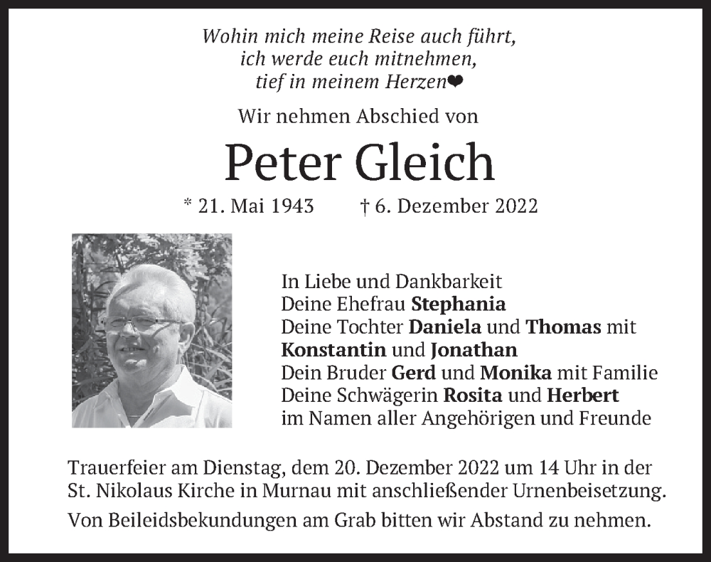  Traueranzeige für Peter Gleich vom 17.12.2022 aus merkurtz