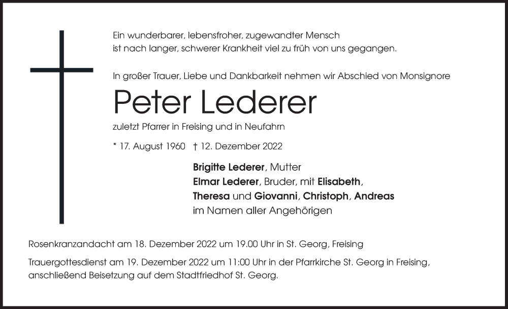  Traueranzeige für Peter Lederer vom 15.12.2022 aus merkurtz